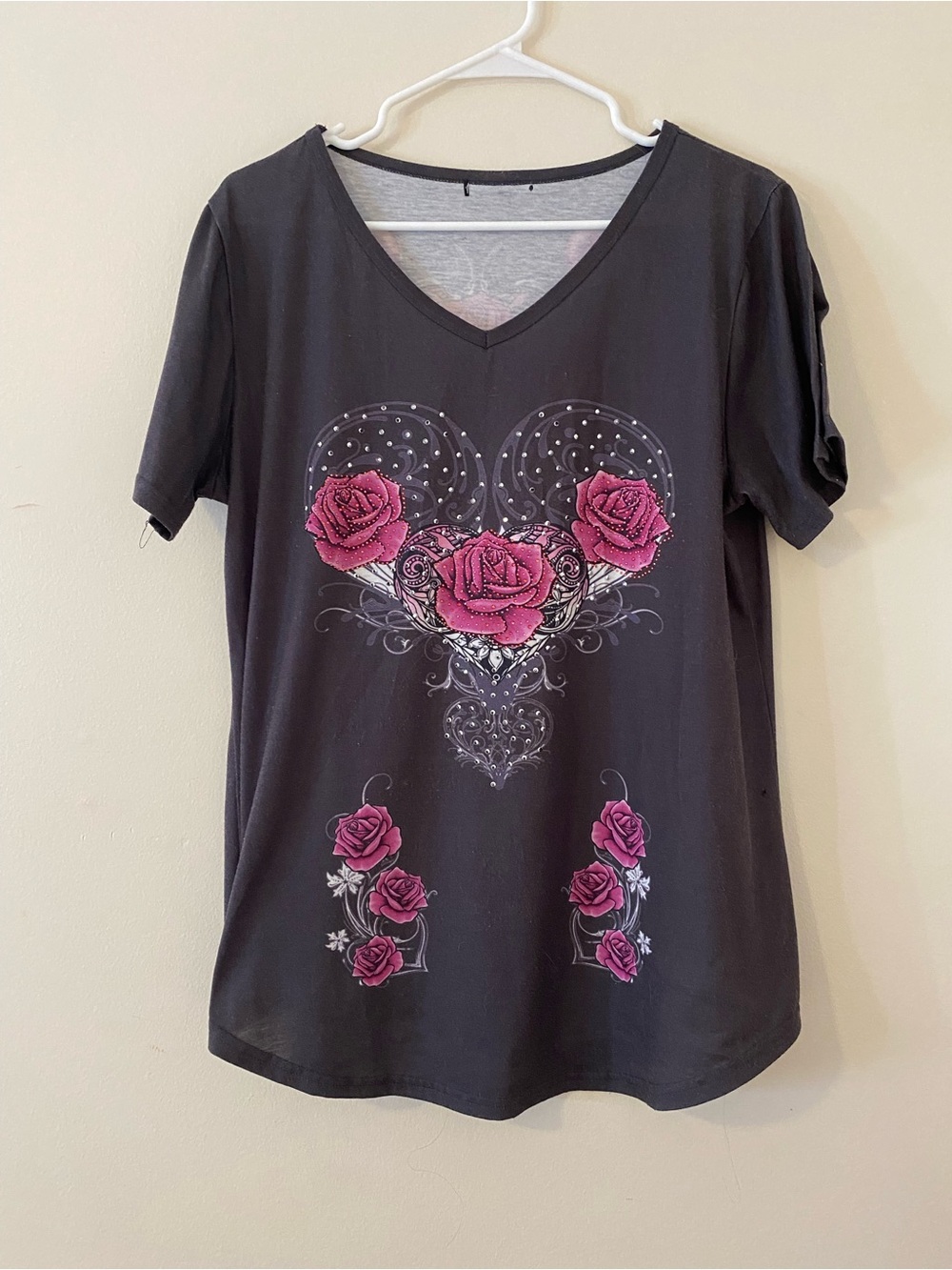 Charcoal Retro V-Neck beaded Women’s Tee with Pink Rose Heart Graphic